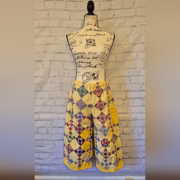 Chopshop Pants - Patchwork Wide Leg Capri Pants in Yellow and Multicolor